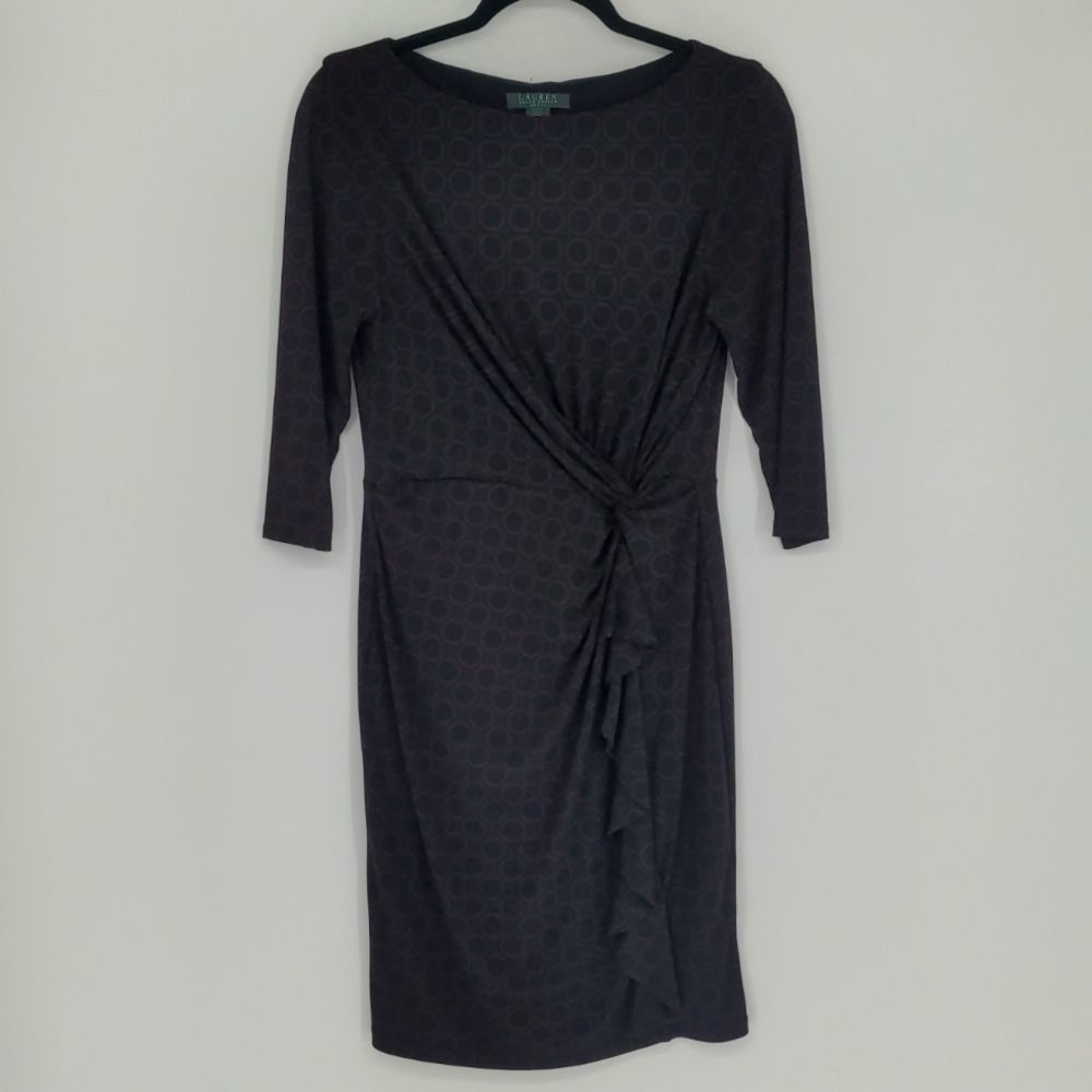 Lauren Ralph Lauren Women's Midi Dress Size 10 Petite Black Purple Geometric Tie
